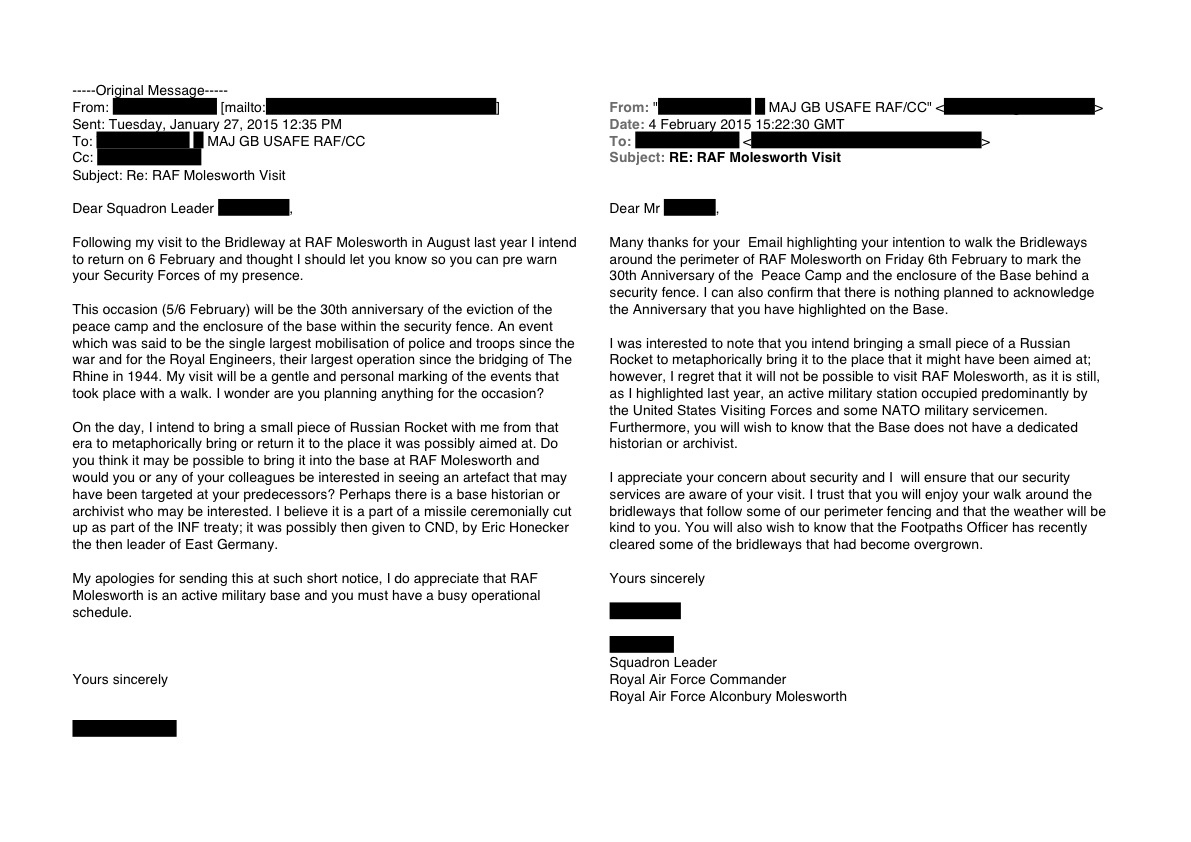 Michael Sanders, RAF Molesworth Correspondence